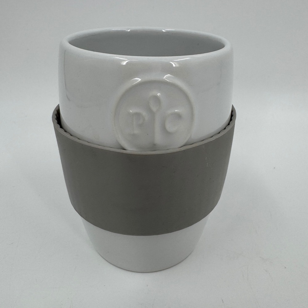 Pampered Chef White Ceramic Egg‎ Cooker Mug with Gray Silicone Sleeve, Logo